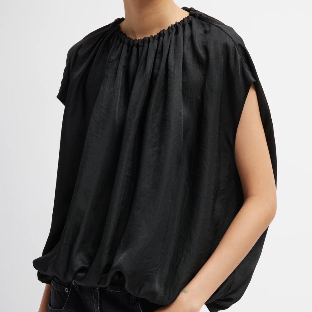 Tibi Black Light Weight Acetate Shirred Neck Circular Top Medium NWT